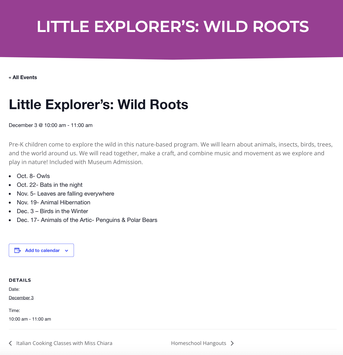 The single events page of an event, which includes details such as date and topic.